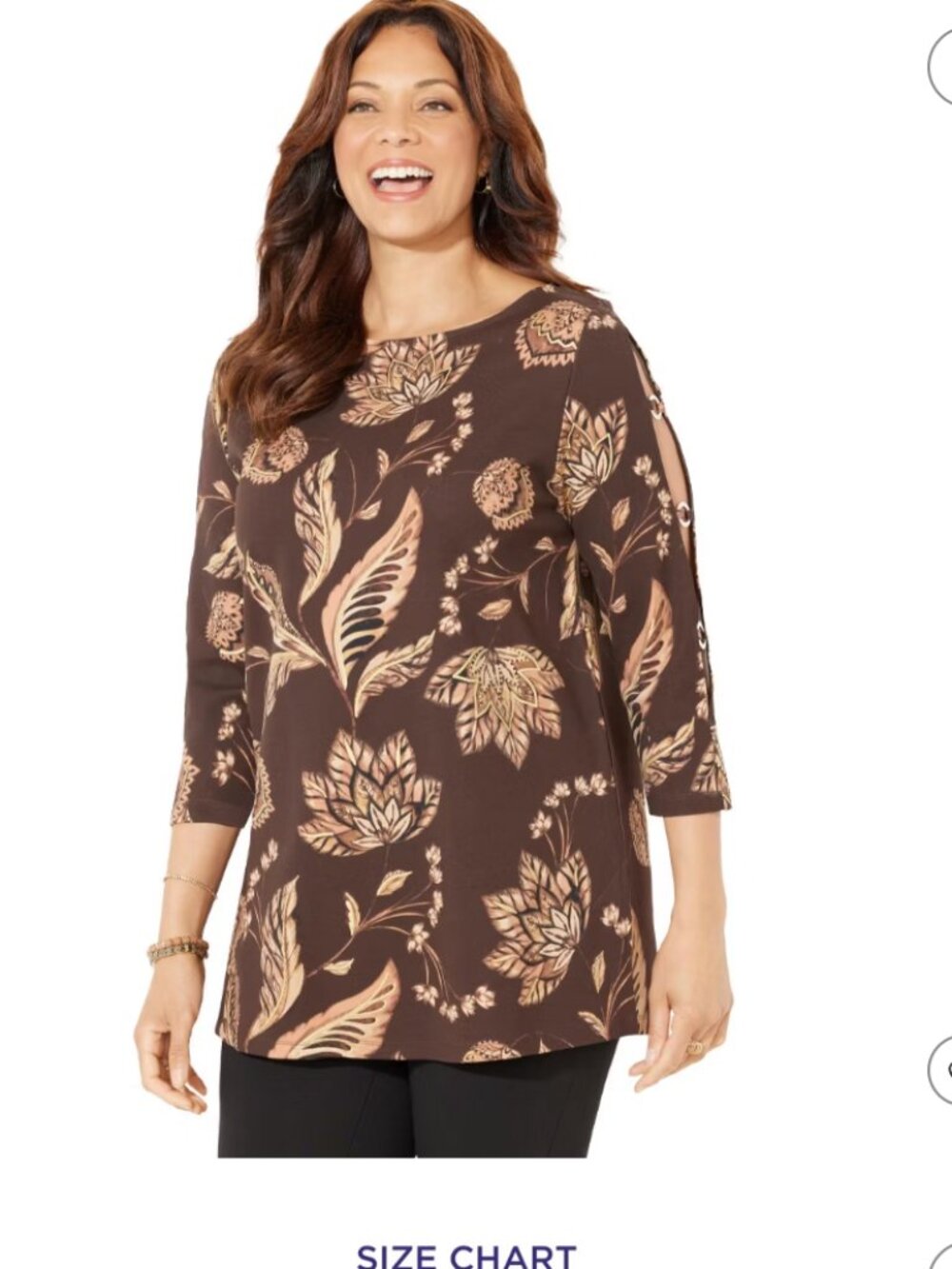 Catherines Black Label Ponte Tunic Coffee BEan Floral Stretch Top sz 3X